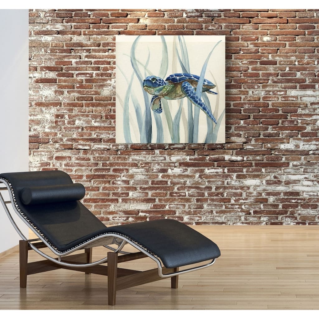 Turtle in Seagrass II -Gallery Wrapped Canvas - yellow, blue, green, red, black, white