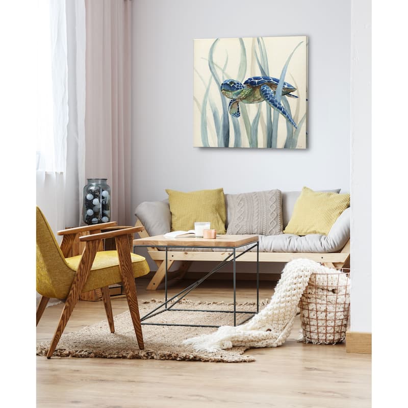 Turtle in Seagrass II -Gallery Wrapped Canvas - yellow, blue, green, red, black, white