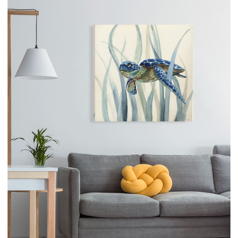 Turtle in Seagrass II -Gallery Wrapped Canvas - yellow, blue, green, red, black, white