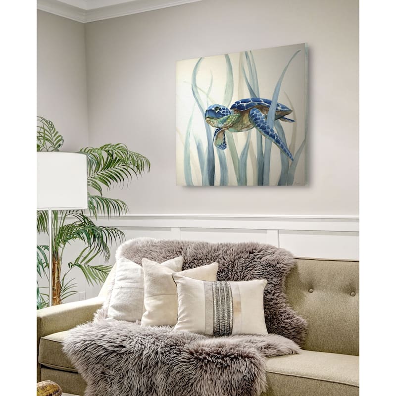 Turtle in Seagrass II -Gallery Wrapped Canvas - yellow, blue, green, red, black, white