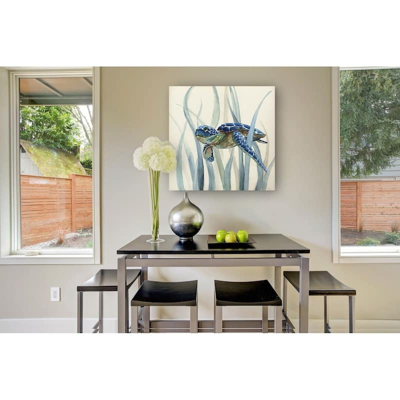 Turtle in Seagrass II -Gallery Wrapped Canvas - yellow, blue, green, red, black, white