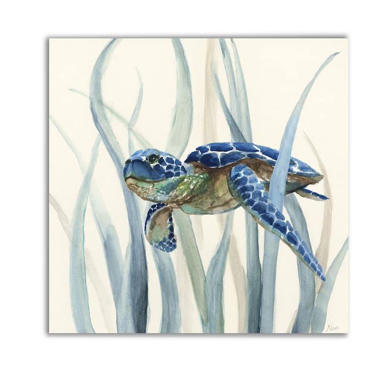 Turtle in Seagrass II -Gallery Wrapped Canvas - yellow, blue, green, red, black, white