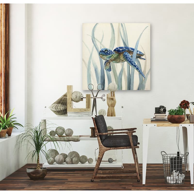 Turtle in Seagrass II -Gallery Wrapped Canvas - yellow, blue, green, red, black, white