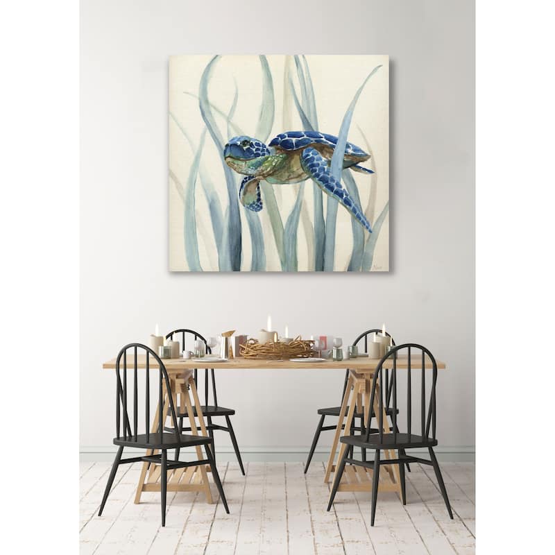 Turtle in Seagrass II -Gallery Wrapped Canvas - yellow, blue, green, red, black, white
