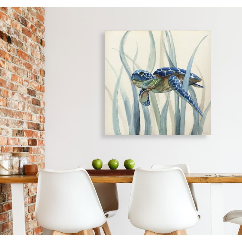 Turtle in Seagrass II -Gallery Wrapped Canvas - yellow, blue, green, red, black, white