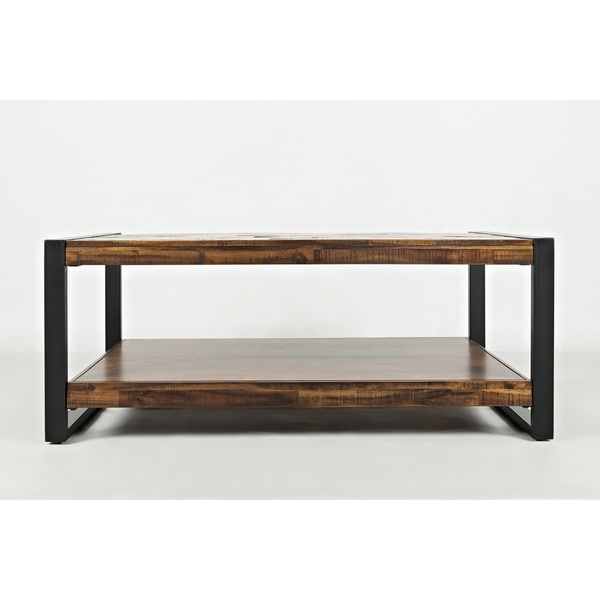 Contemporary Style Wooden Cocktail Table With Metal Framework, Brown & Black