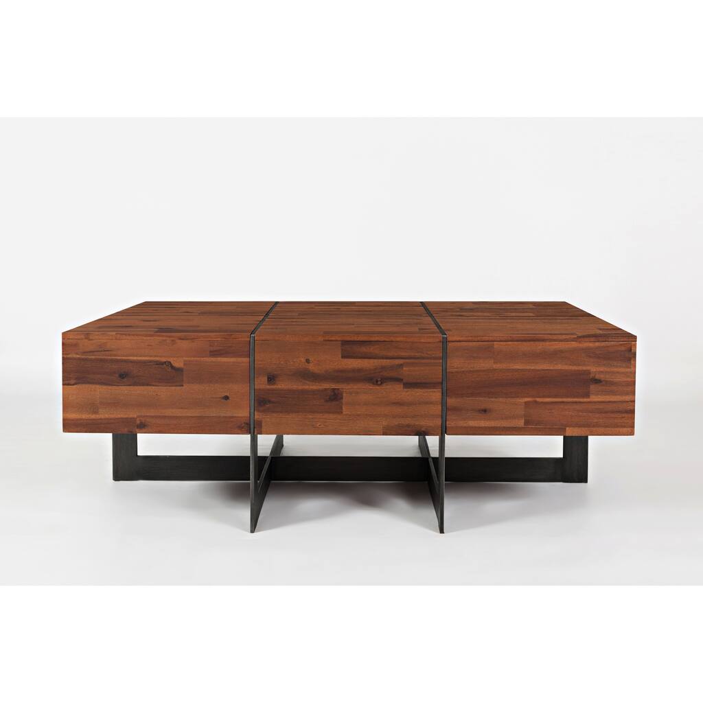 Transitional Style Wooden Floating Cocktail Table With Metal Frame, Brown