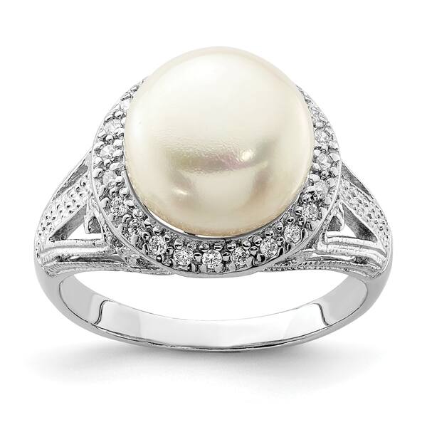 slide 1 of 3, Sterling Silver Rhodium-plated 10-11mm White Freshwater Cultured Pearl and Cubic Zirconia Ring by Versil