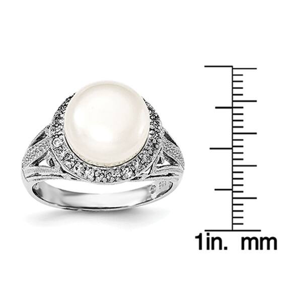Sterling Silver Rhodium-plated 10-11mm White Freshwater Cultured Pearl and Cubic Zirconia Ring by Versil