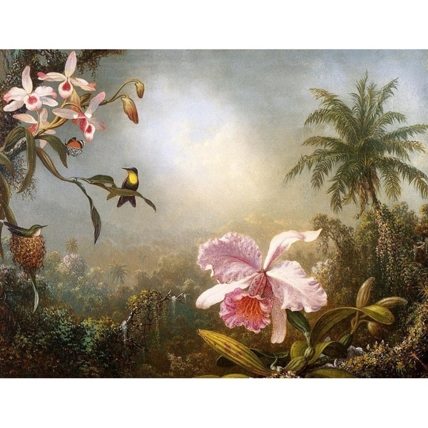 Easy Art Prints Martin Johnson Heade's 'Orchids Nesting Hummingbirds and a Butterfly' Premium Canvas Art