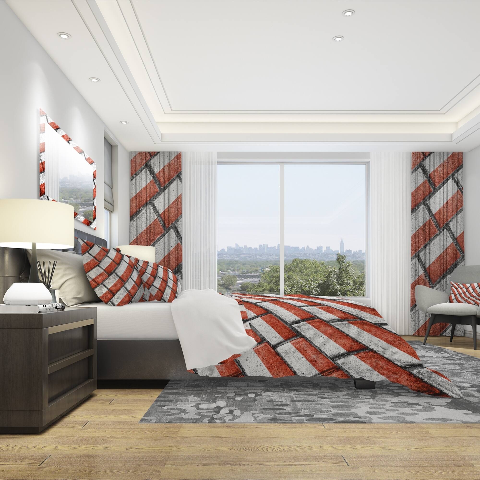 Designart 'Red and White Streetwalk' Modern & Contemporary Bedding Set