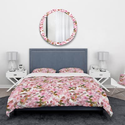 Designart 'Pink Blossoming Tropical Flowers' Abstract Bedding Set - Duvet Cover & Shams