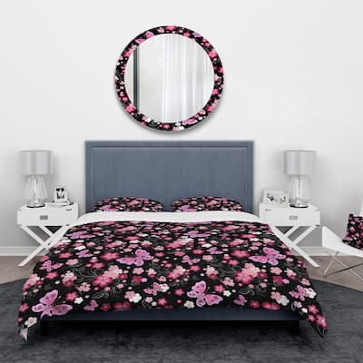 Designart 'Pink Stylized Flowers And Butterflies' Floral Bedding Set - Duvet Cover & Shams