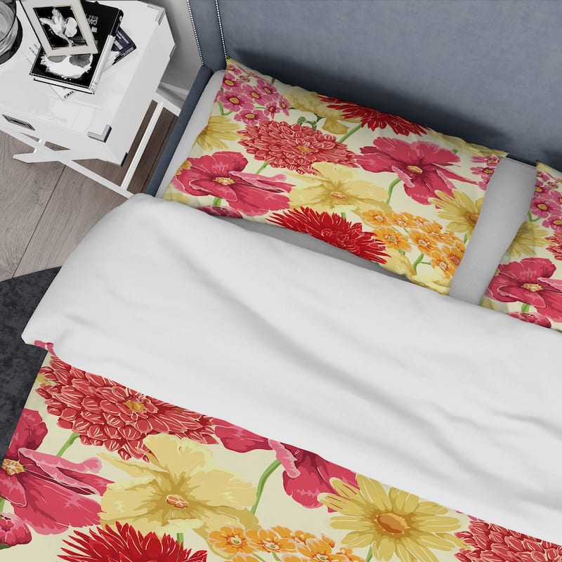 Designart 'Red, Pink and Yellow Flowers' Floral Bedding Set - Duvet Cover & Shams