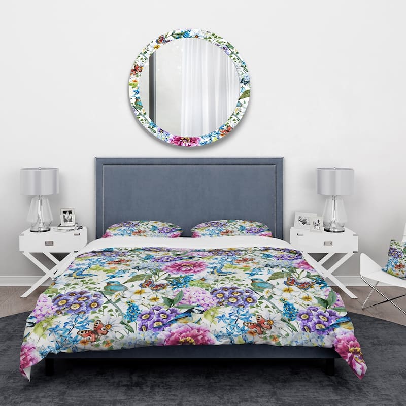 Designart 'Blue Bird And Blue and Purple Blossoming Flowers' Floral Bedding Set - Duvet Cover & Shams