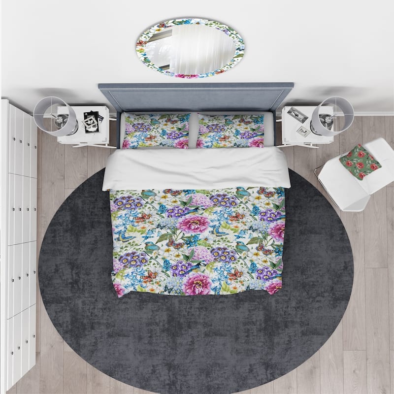 Designart 'Blue Bird And Blue and Purple Blossoming Flowers' Floral Bedding Set - Duvet Cover & Shams