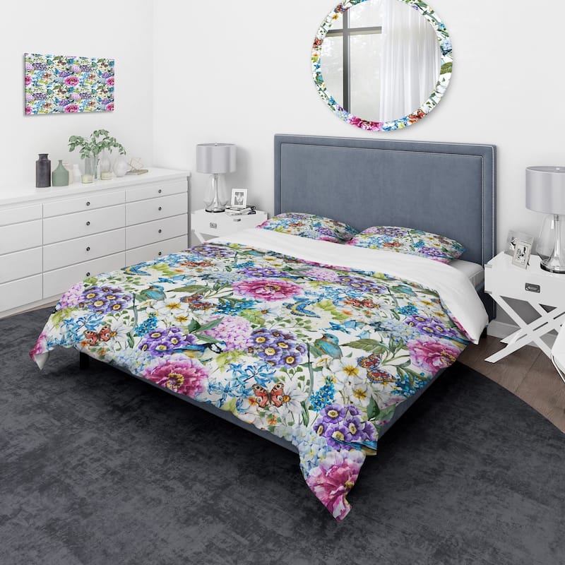 Designart 'Blue Bird And Blue and Purple Blossoming Flowers' Floral Bedding Set - Duvet Cover & Shams