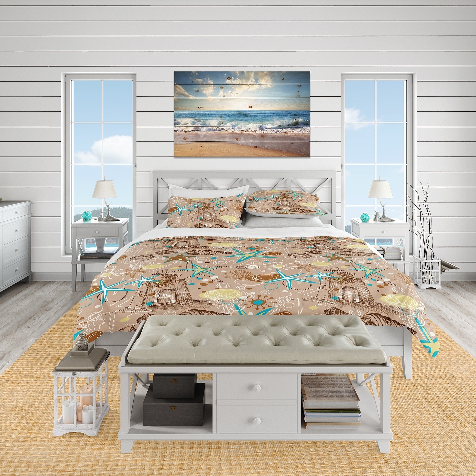 Designart Beach Life Atmosphere With Shells And Sea Stars Coastal Bedding Set Duvet Cover Shams