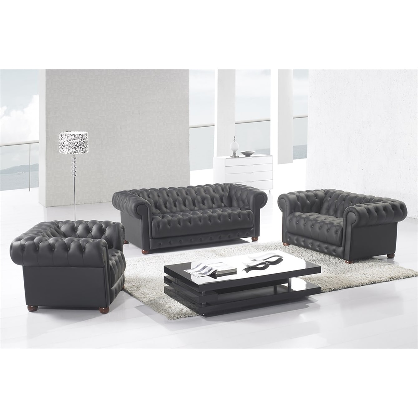 Matte Black Modern Contemporary Real Leather Configurable Living Room Furniture Set With Sofa