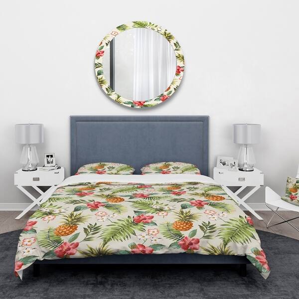 Shop Designart Vintage Pineapple With Tropical Flowers Floral Bedding Set Duvet Cover Shams Overstock 24240173