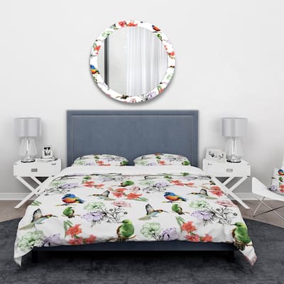 Designart 'Hummingburds and Blosssoming Drawn Flowers' Floral Bedding Set - Duvet Cover & Shams