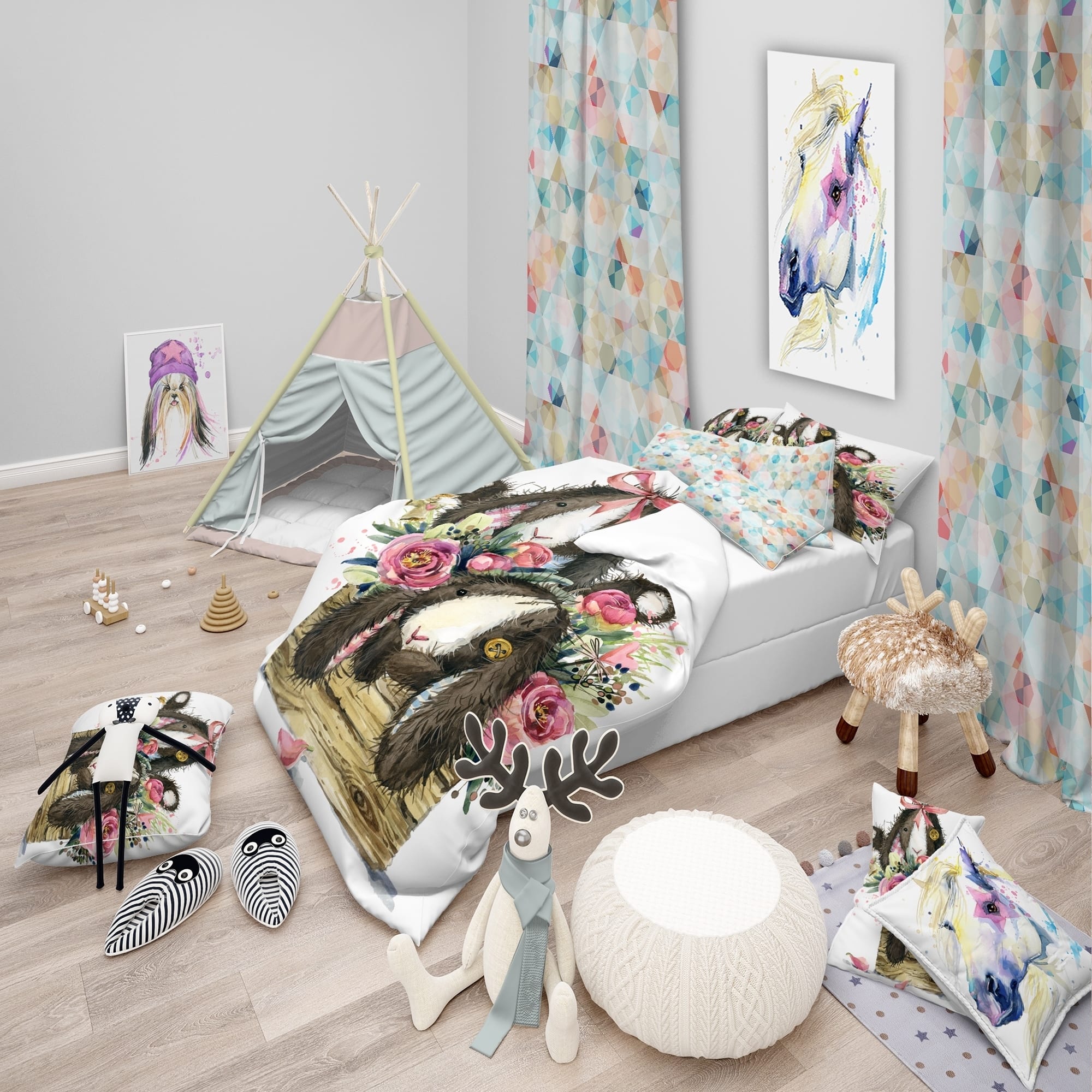 Designart 'Cute cartoon bunny toy' Animals Bedding Set - Duvet Cover ...