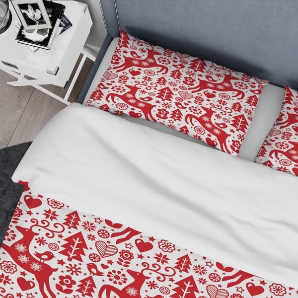 Designart Scandinavian Raindeed With Little Birds And Christmas Tree Animals Bedding Set Duvet Cover Shams On Sale Overstock 24241090