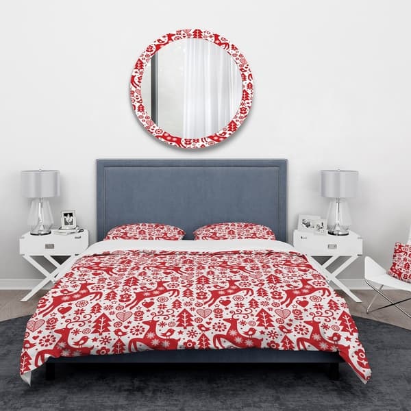 slide 1 of 5, Designart' Scandinavian Raindeer with Little Birds And Christmas Tree' Animals Bedding Set - Duvet Cover & Shams