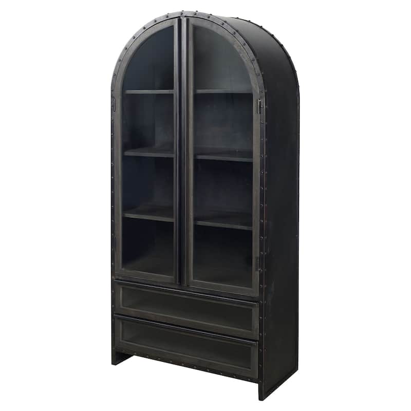Gehry II Dark Brown Solid Wood w/ Black Iron Frame & Glass Doors / Drawers Display Cabinet