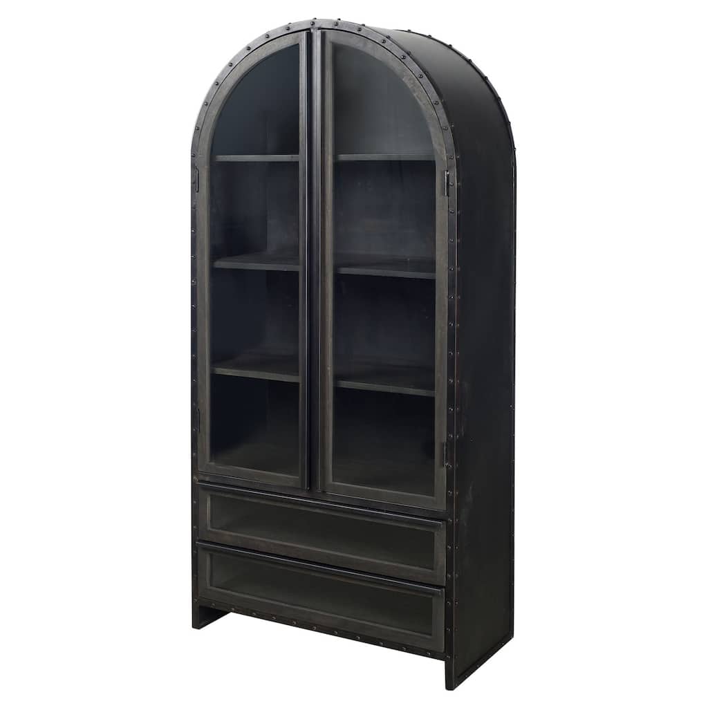 Gehry II Dark Brown Solid Wood w/ Black Iron Frame & Glass Doors / Drawers Display Cabinet