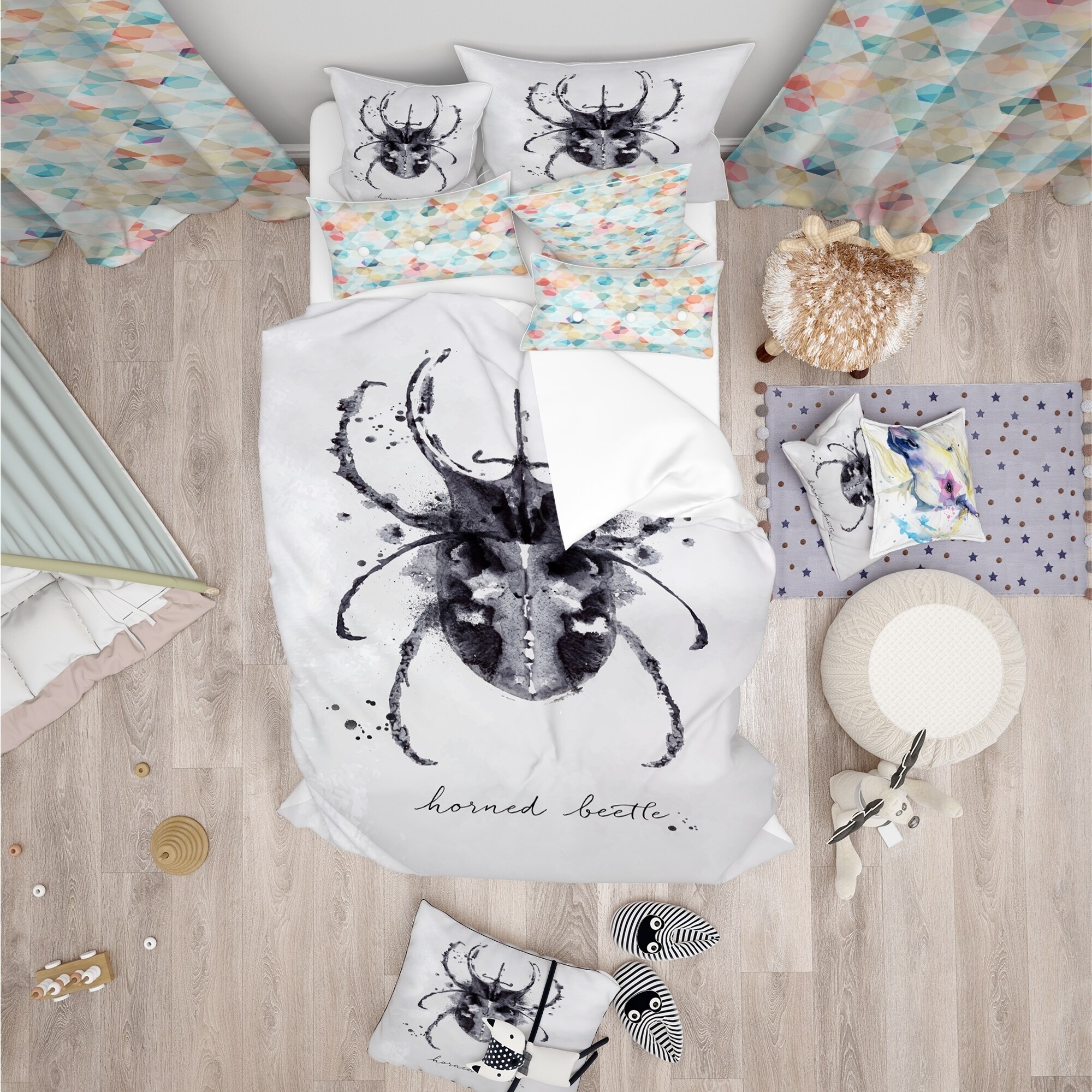 Designart 'Monotype horned beetle black' Animals Bedding Set-image