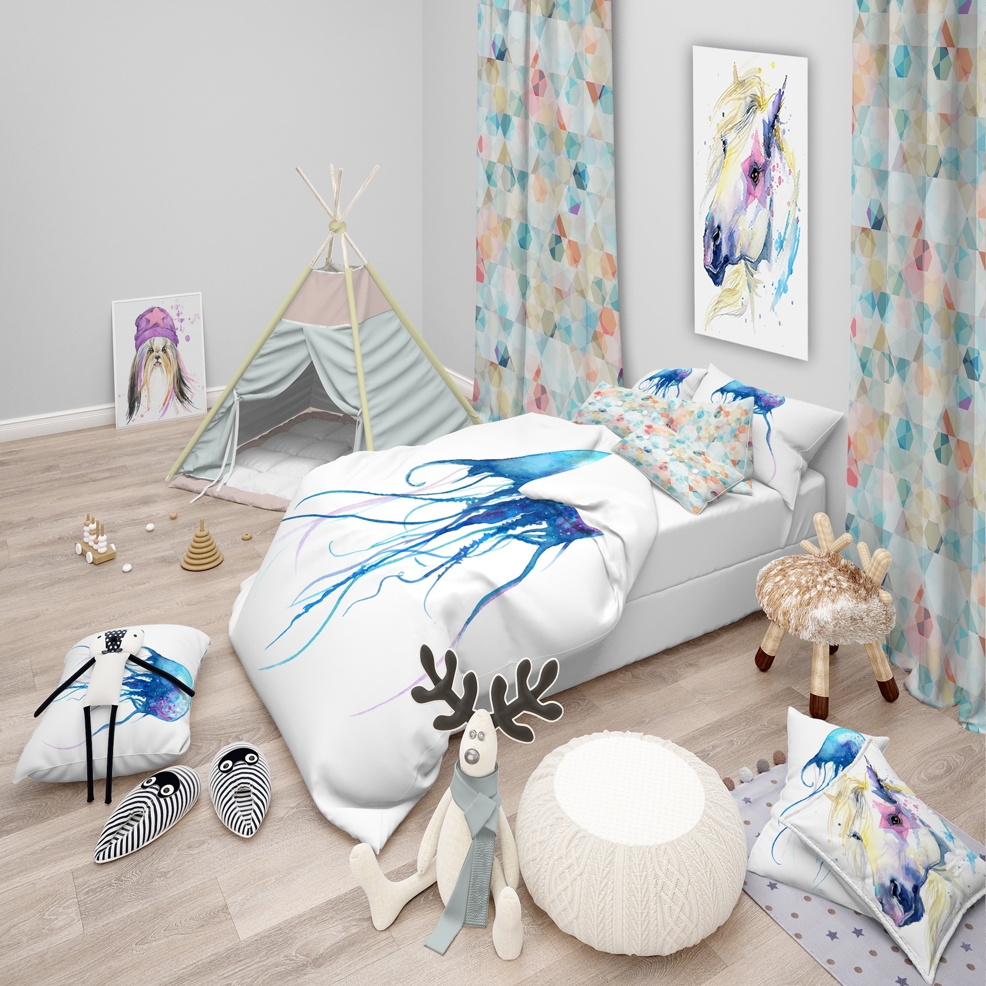 Shop Designart Light Blue Jellyfish Watercolor Animal Bedding