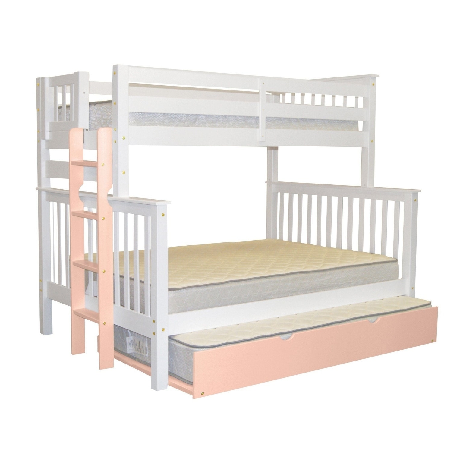 Bedz King Bunk Beds Twin Over Full Mission Style With A Pink End Ladder And A Twin Pink Trundle White Overstock 24241650