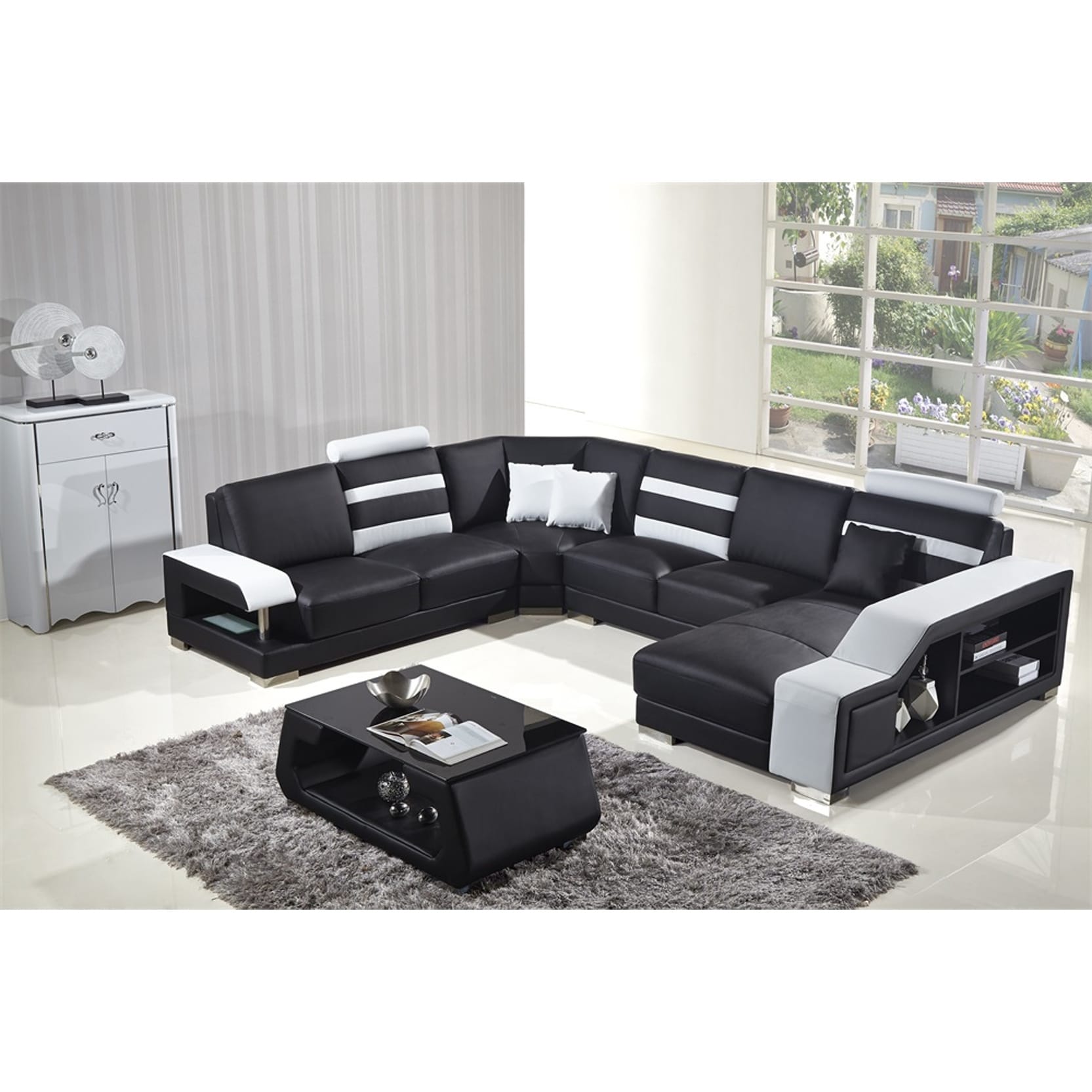 Black And White Modern Contemporary Real Leather Sectional Living Room Furniture Set With Bookshelf And Coffee Table Overstock 24241846