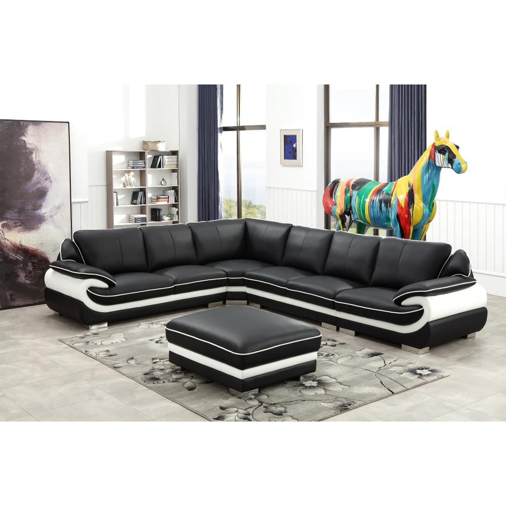 Black And White Modern Contemporary Real Leather Sectional Living Room Furniture Set With Ottoman On Sale Overstock 24241992