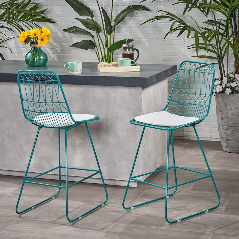 Niez Outdoor Wire Counter Stools with Cushions (Set of 2) by Christopher Knight Home - teal finish + ivory cushion