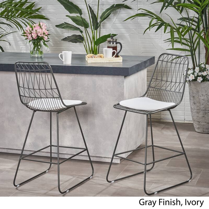Niez Outdoor Wire Counter Stools with Cushions (Set of 2) by Christopher Knight Home