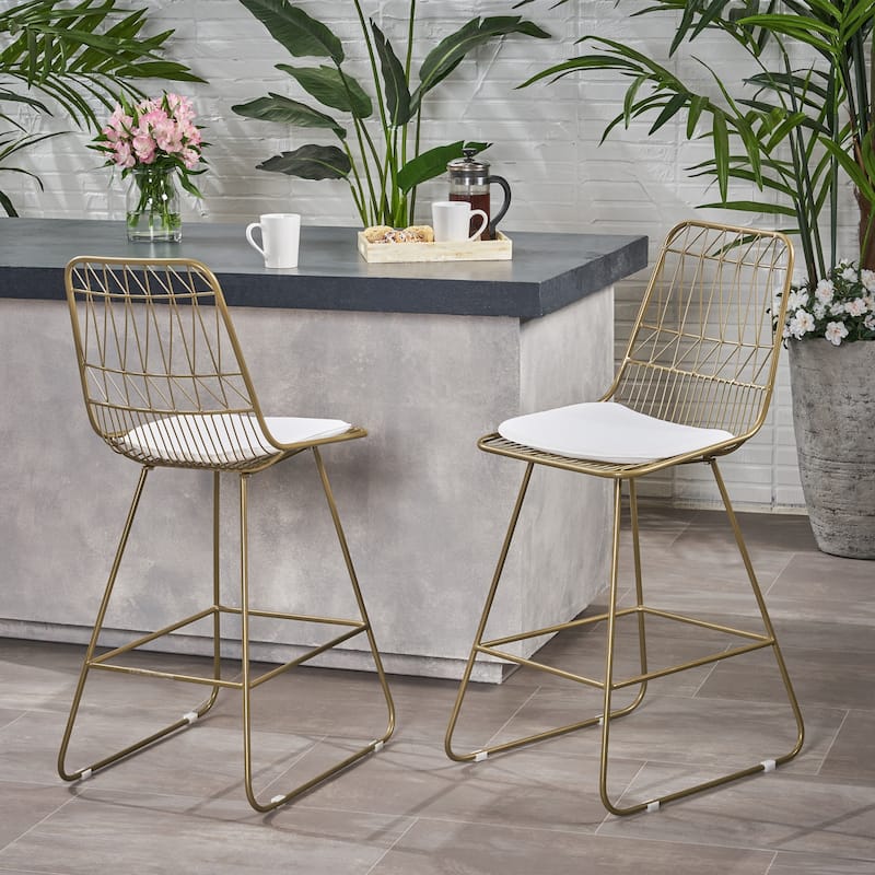 Niez Outdoor Wire Counter Stools with Cushions (Set of 2) by Christopher Knight Home - light brass finish +  ivory cushion