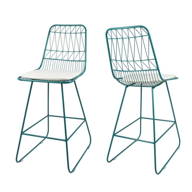 Walcott Indoor Wire Counter Stools with Cushions (Set of 2) by Christopher Knight Home - teal + ivory cushion