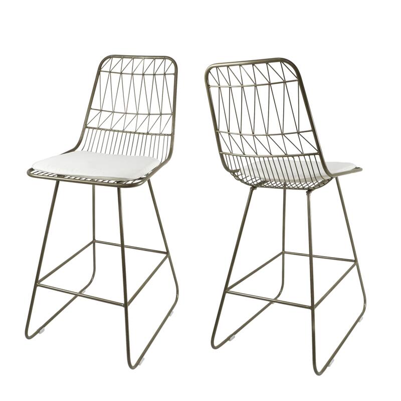 Walcott Indoor Wire Counter Stools with Cushions (Set of 2) by Christopher Knight Home - light brass + ivory cushion
