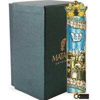 Matashi Hand Painted Blue & Green Enamel Mezuzah with Jerusalem City Design with Gold Accents and High Quality Crystals