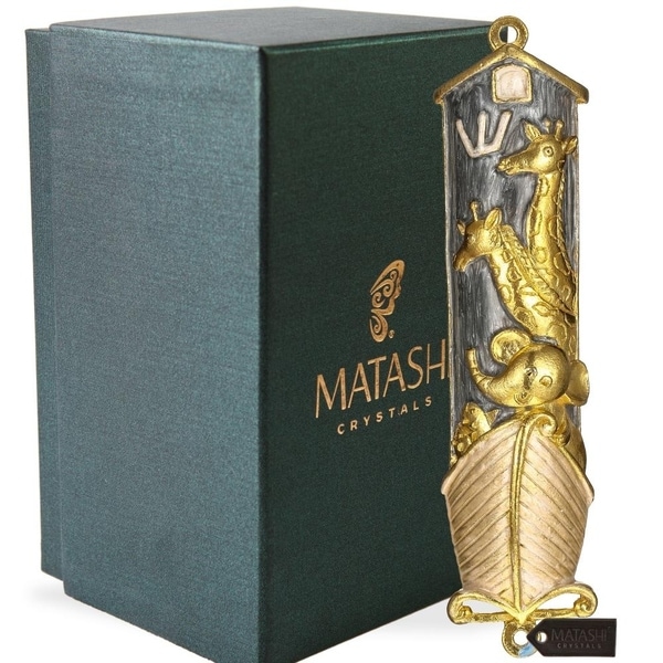 Matashi Hand Painted Grey Enamel Noah's Ark Mezuzah with Gold Accents and High Quality Crystals