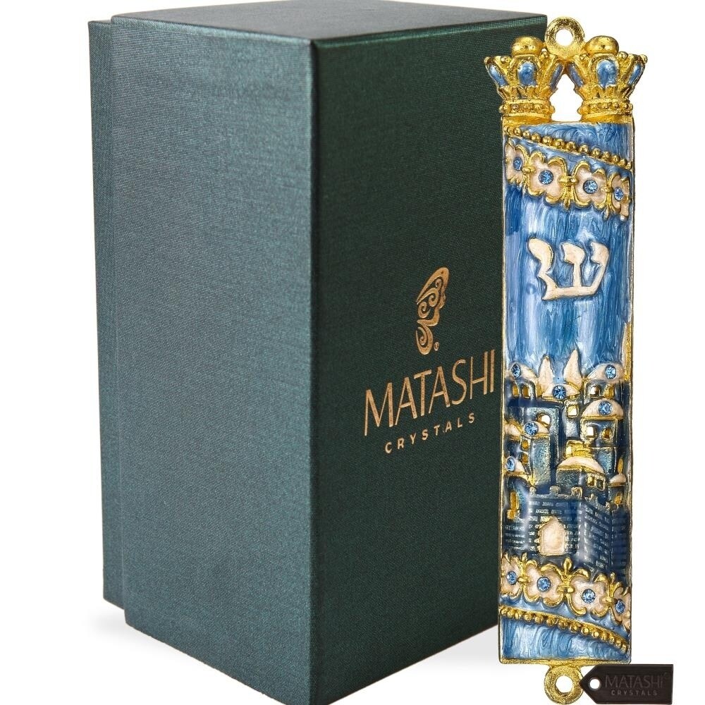 Matashi Hand Painted Blue Enamel Mezuzah with Jerusalem City Gold | eBay