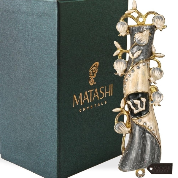 Matashi Hand Painted Grey & White Enamel Mezuzah Embellished with a Pomegranate Floral Design with Gold Accents Quality Crystals