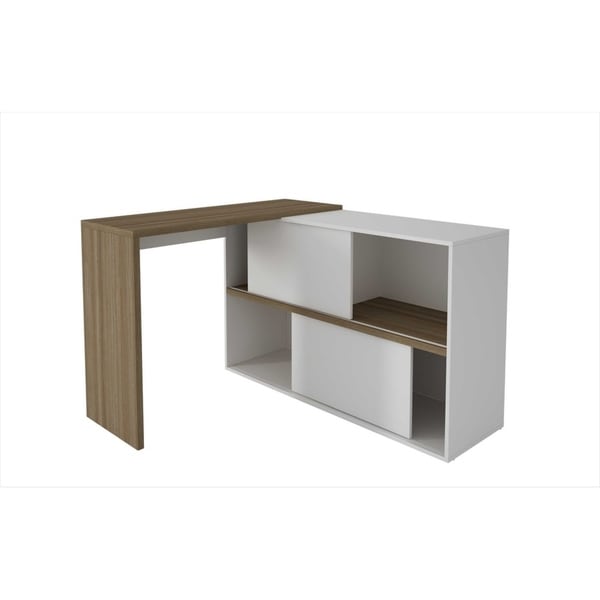 HomeRoots Furniture Bari Bookcase Desk with 4 Shelves and 2 Sliding Doors in Oak and White