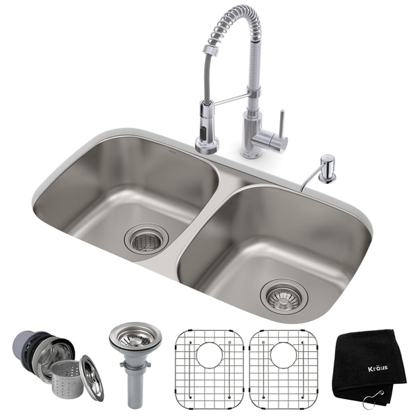 KRAUS 32-in Undermount 2-Bowl Stainless Steel Kitchen Sink, KPF-1610 Pull Down Faucet, Soap Dispenser