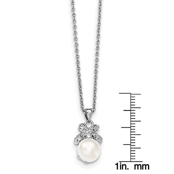 Silver Rhodium-plated Diamond and Freshwater Cultured Pearl Pendant