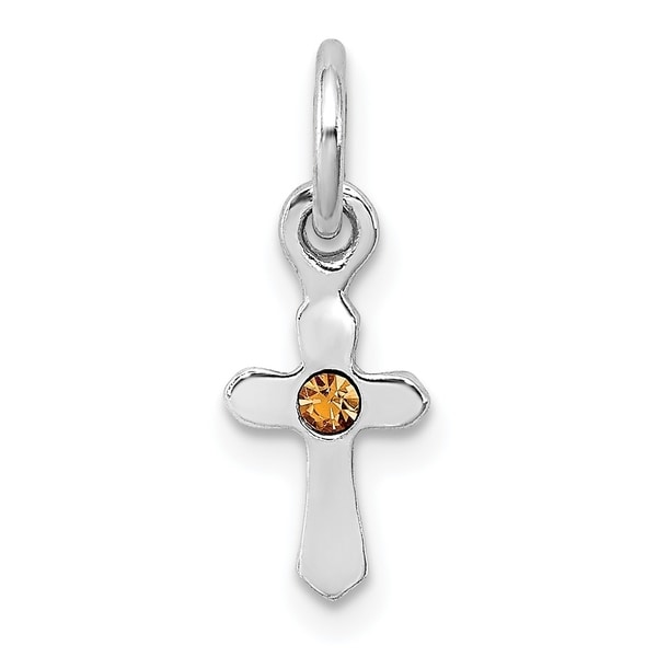 18-Inch Rhodium Plated Necklace with 6mm Garnet Birthstone Beads and Sterling Silver Cross Charm.