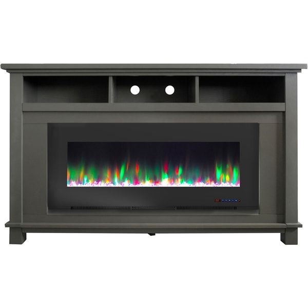 Cambridge San Jose Fireplace Entertainment Stand in Gray with 50" Color-Changing Fireplace Insert and Crystal Rock Display
