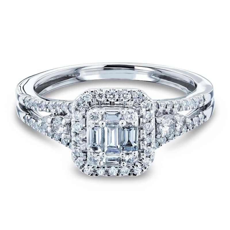 Annello by Kobelli 14k White Gold 1/2 Carats TDW Baguette and Round Diamond Cluster Halo Split Shank Accented Engagement Ring